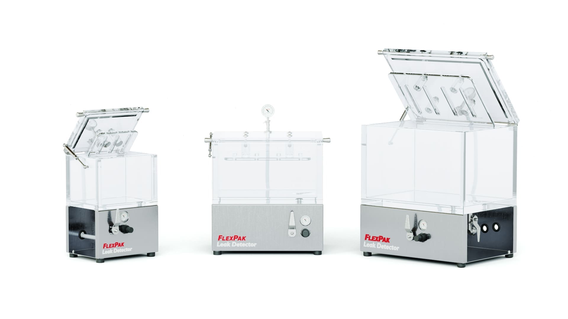 Multiple sizes of FlexPak leak detectors for package testing