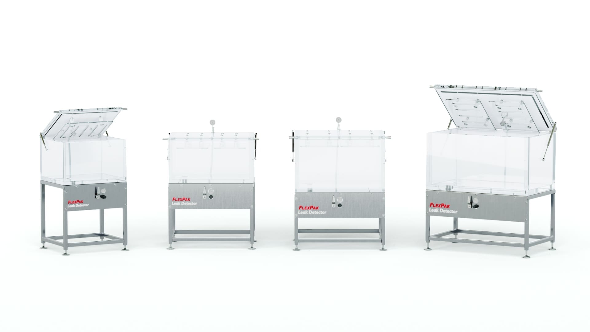 Four FlexPak leak detectors with open transparent chambers
